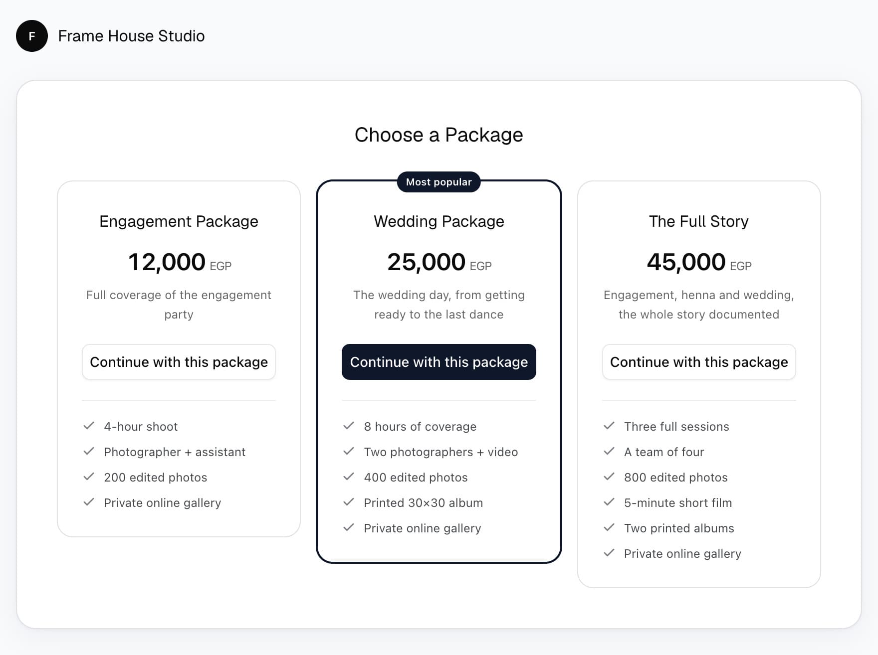 A public Lnsly booking page showing photography packages side by side