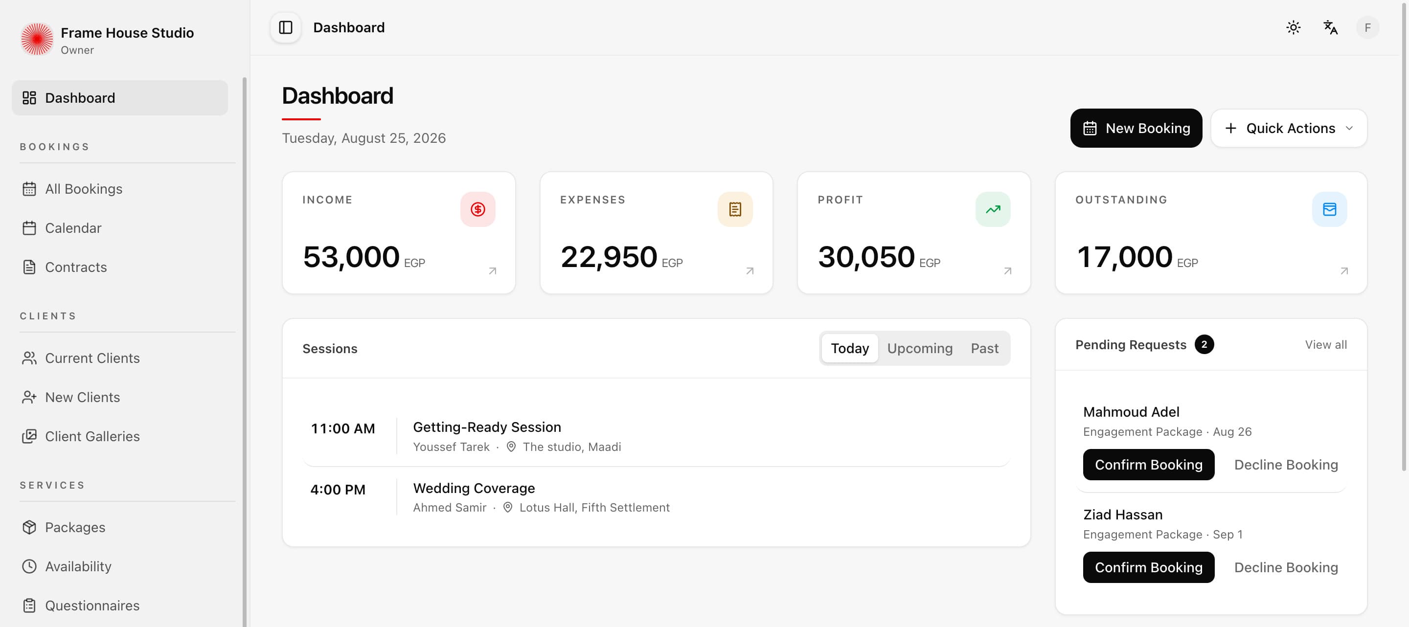 The Lnsly studio dashboard: today's sessions, bookings, and payments