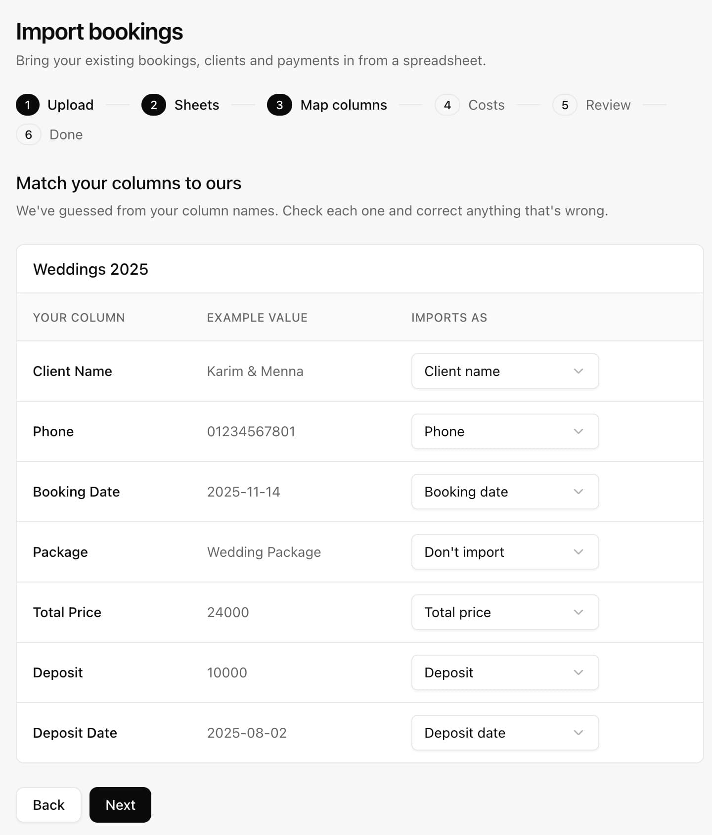 The Lnsly import wizard mapping Excel columns