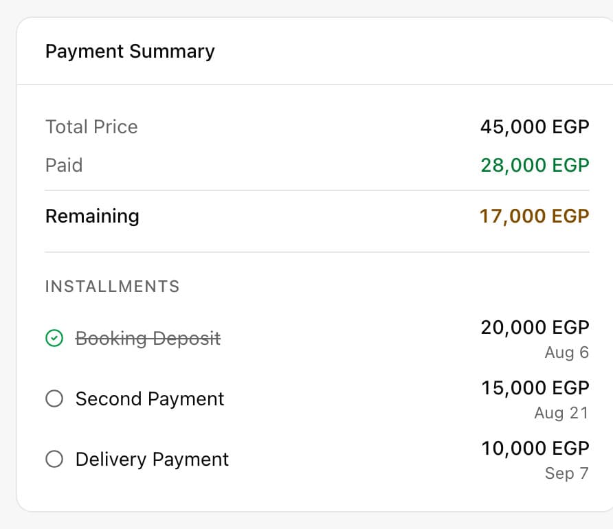 A booking's payment summary in Lnsly with installments and balance